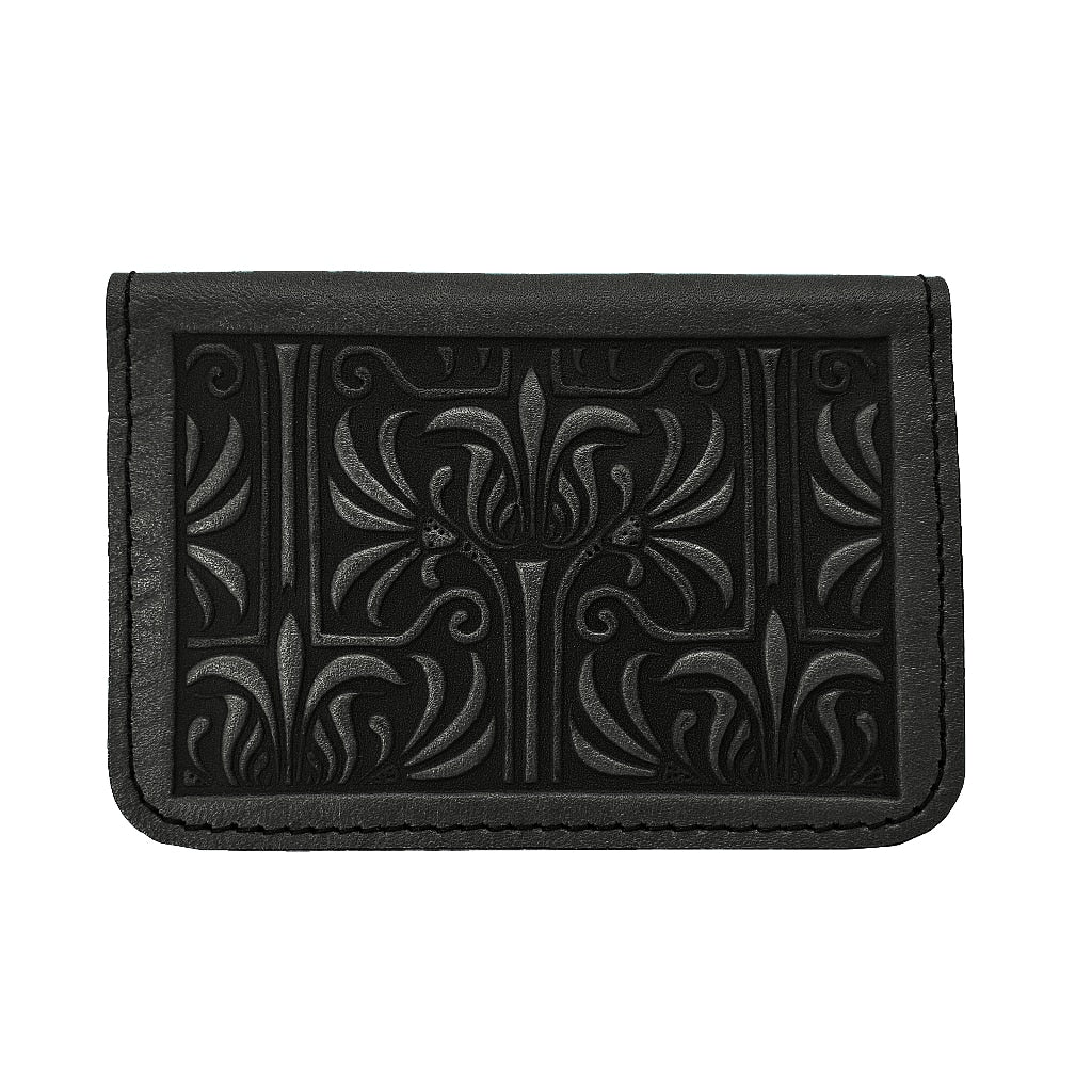 Oberon Leather Business Card Holder, Mini Wallet, Art Nouveau Lattice, Black