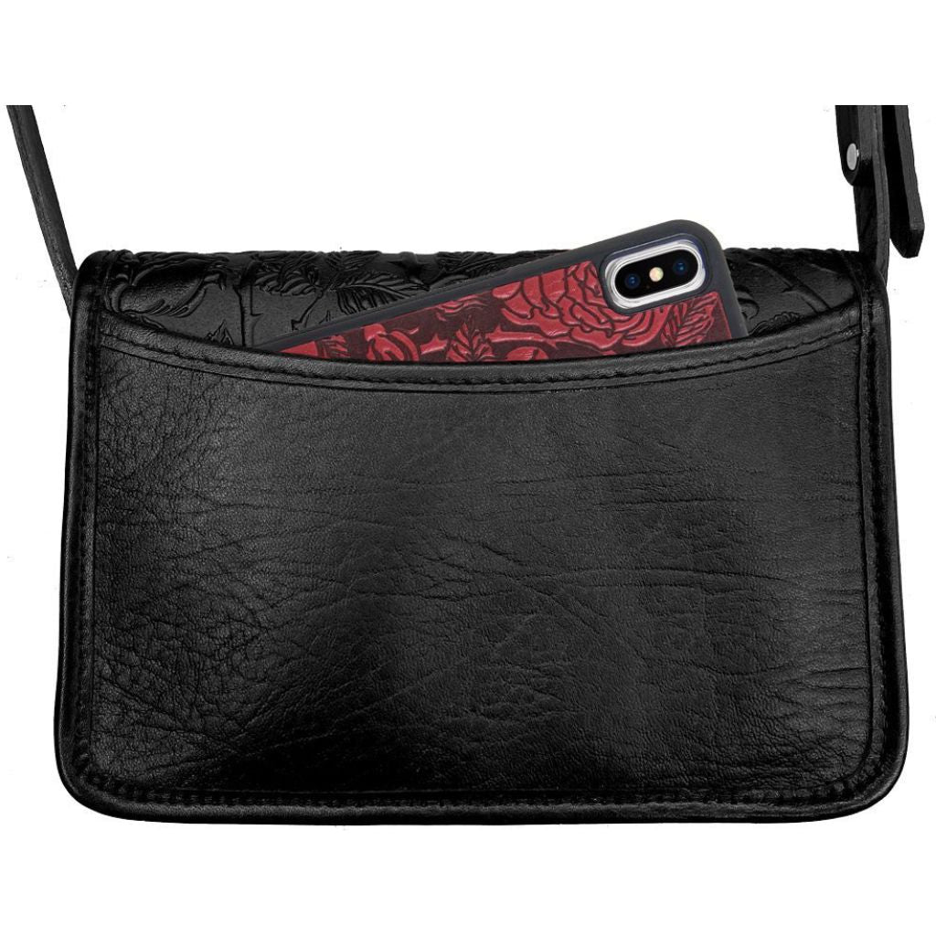 Oberon Design Leather Women&#39;s Cell Phone Handbag, Becca, Wild Rose, Black Back