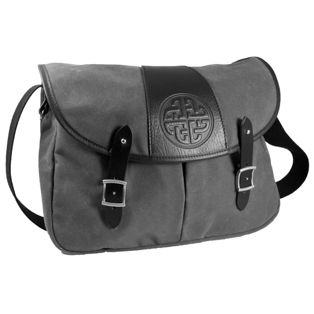 Oberon Design Crosstown Messenger Bag, Waxed Canvas & Leather, Celtic Love Knot, Tan & Wine