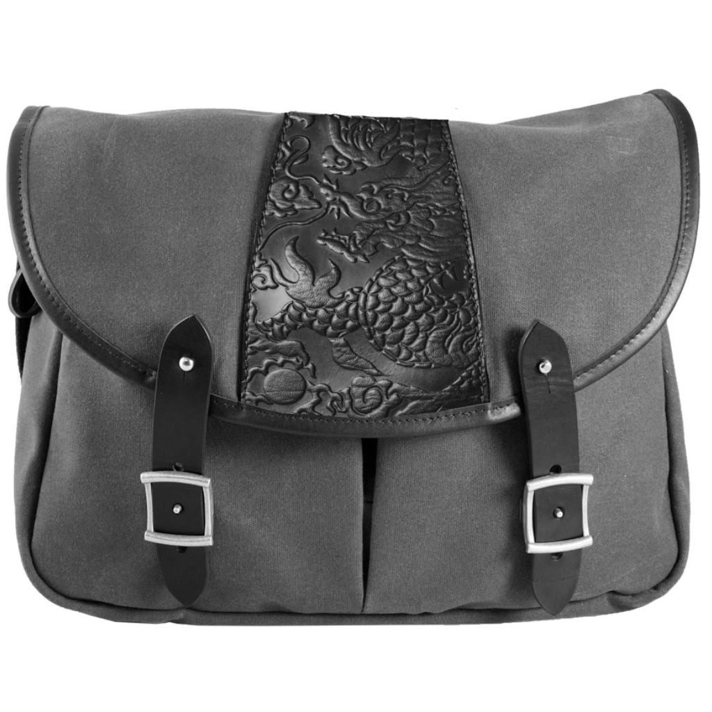 Oberon Design Crosstown Messenger Bag, Waxed Canvas &amp; Leather, Cloud Dragon, Black &amp; Charcoal