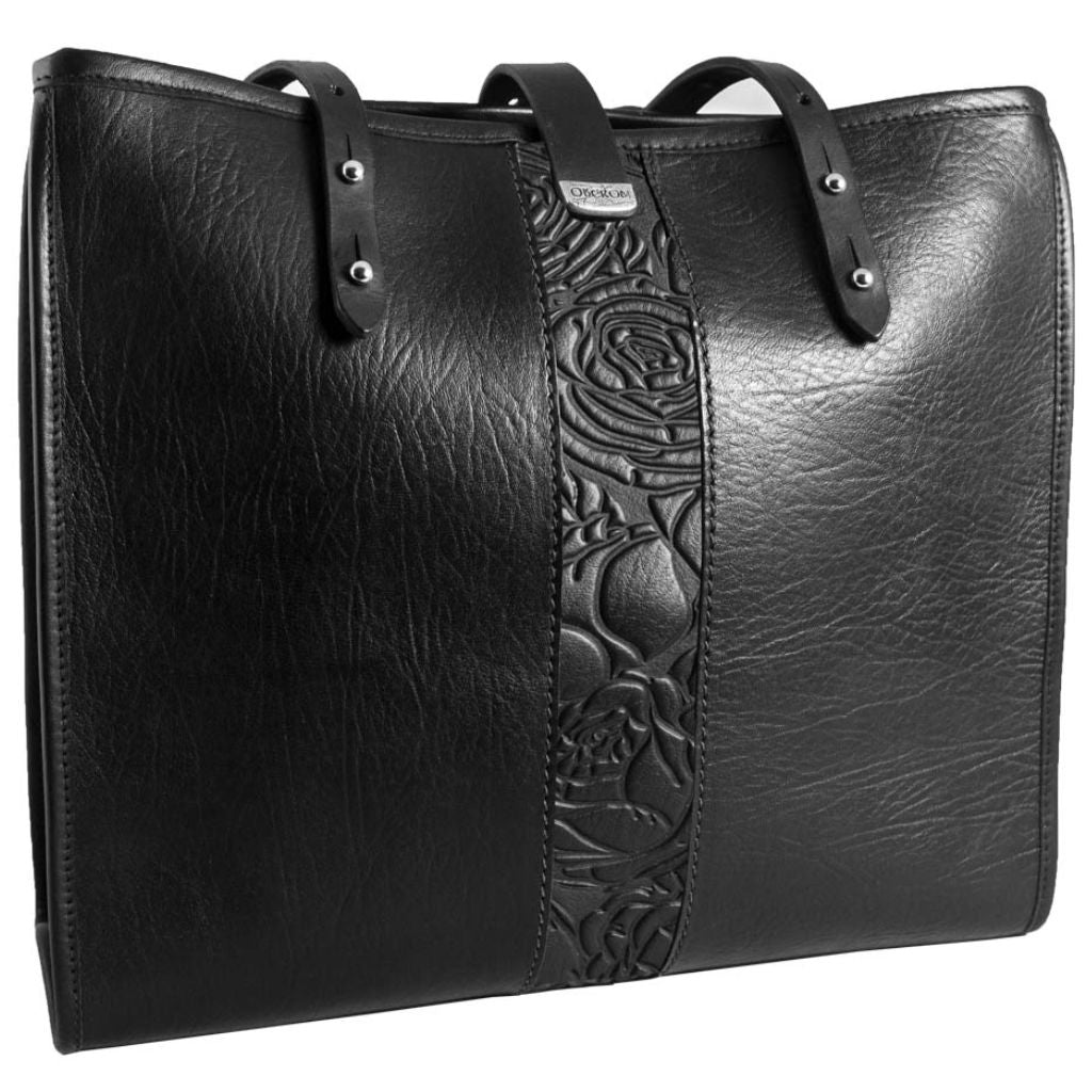Leather Handbag, Sonoma Tote, Wild Rose in Black, Closed &amp; Back View