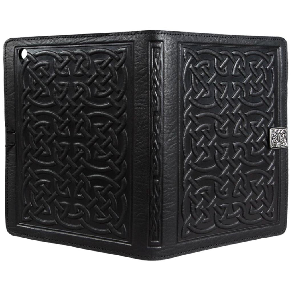 Oberon Design Leather iPad Mini Cover, Case, Bold Celtic, Black - Open