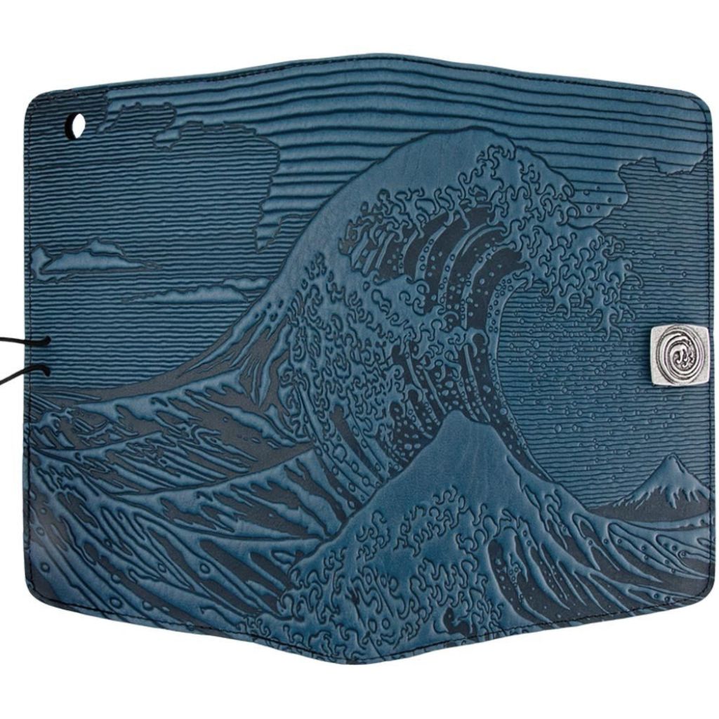 Oberon Design Leather iPad Mini Cover, Case, Hokusai Wave, Blue - Open