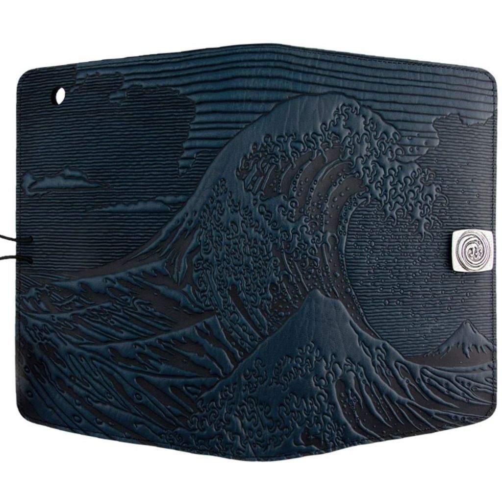 Oberon Design Leather iPad Mini Cover, Case, Hokusai Wave, Navy - Open