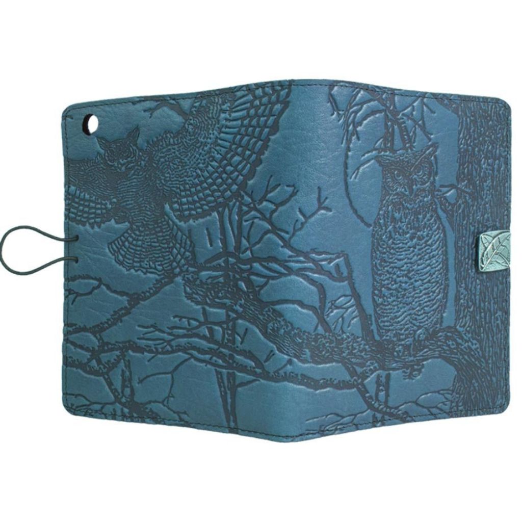 Oberon Design Leather iPad Mini Cover, Case, Horned Owl, Blue - Open