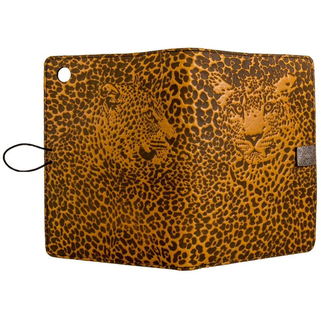 Oberon Design Leather iPad Mini Cover, Case, Leopard, Marigold - Open