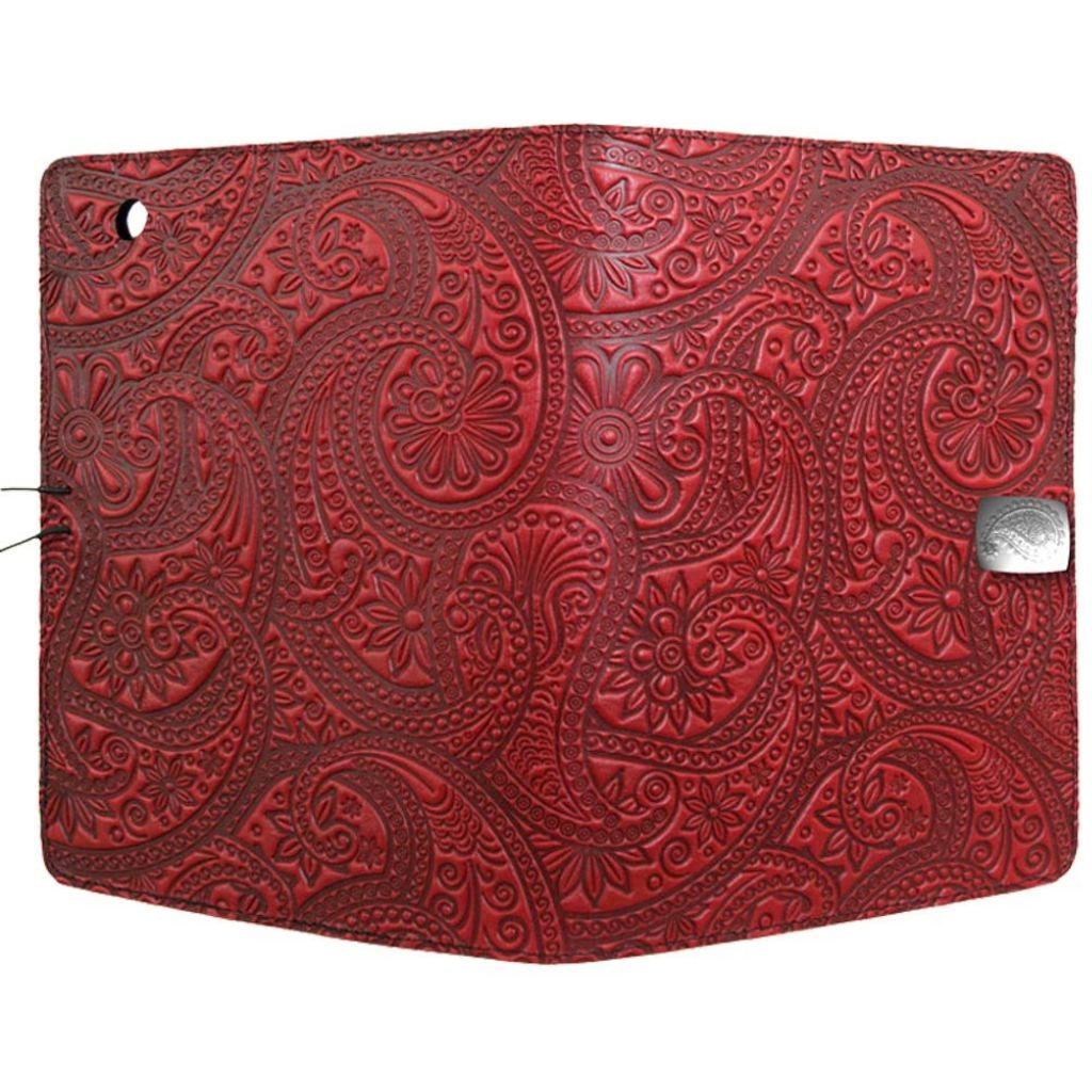 Oberon Design Leather iPad Mini Cover, Case, Paisley, Red - Open