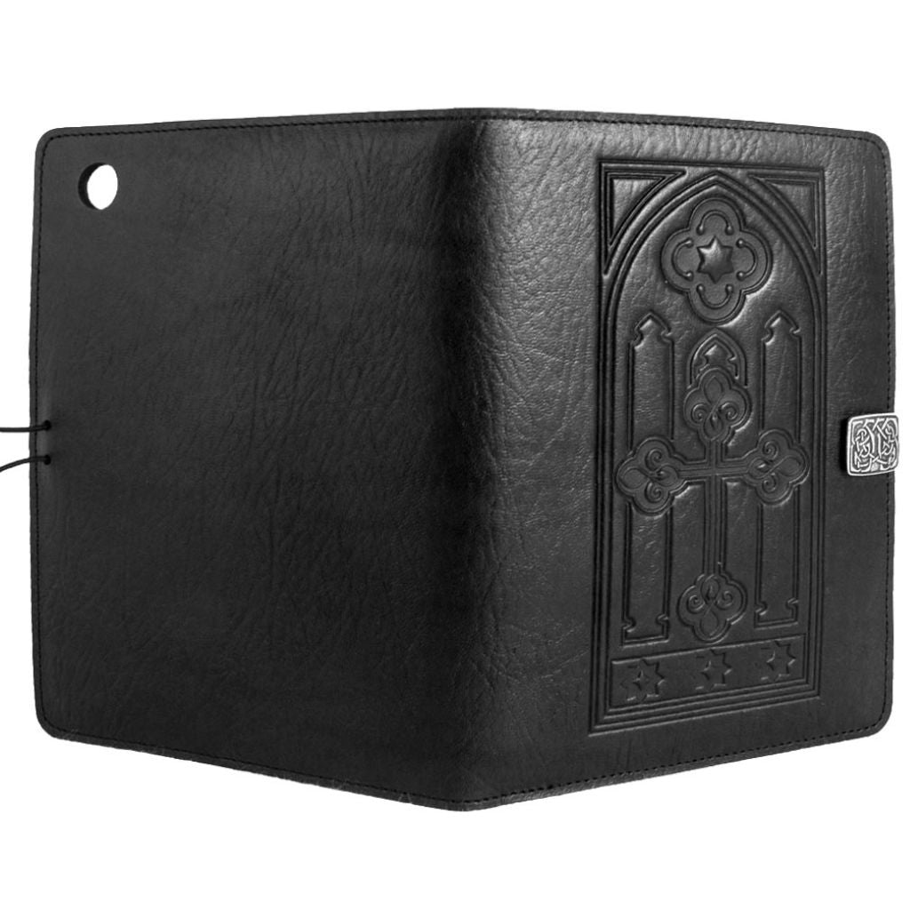 Oberon Design Leather iPad Mini Cover, Case, Stained Glass, Black - Open