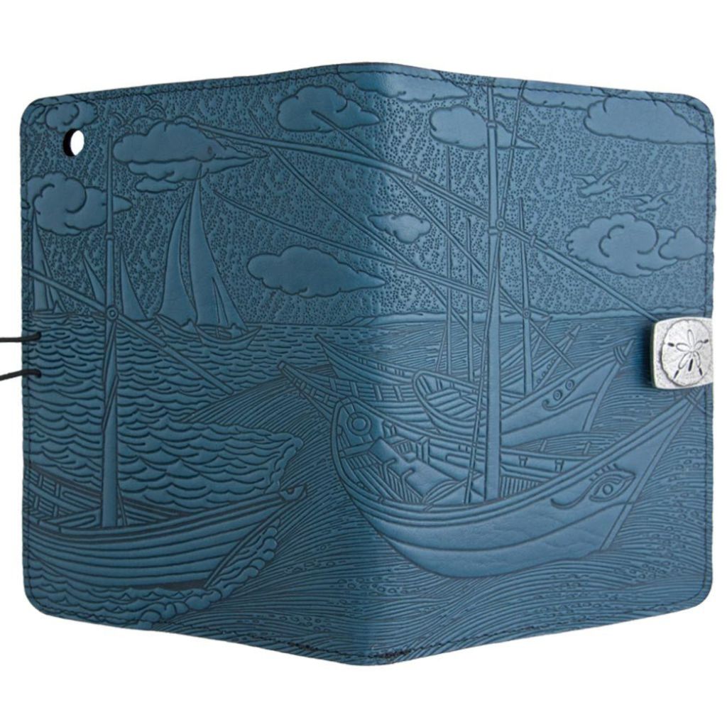 Oberon Design Leather iPad Mini Cover, Case, Van Gogh Boats, Blue - Open