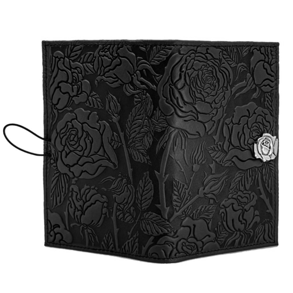Oberon Design Premium Leather Women&#39;s Wallet, Wild Rose, Black - Open