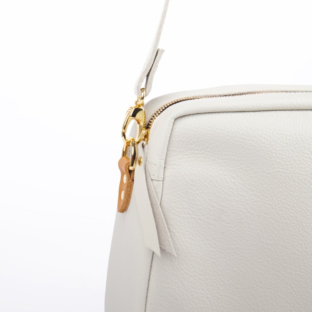 Oberon Design Retro Crossbody with Pacific Leather in Fog detail shot