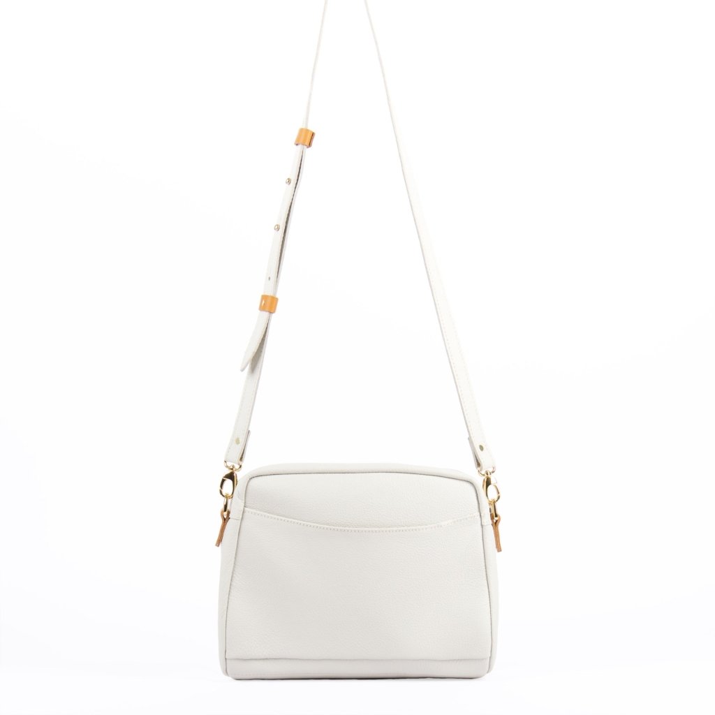 Oberon Design Retro Crossbody with Pacific Leather in Fog pocket