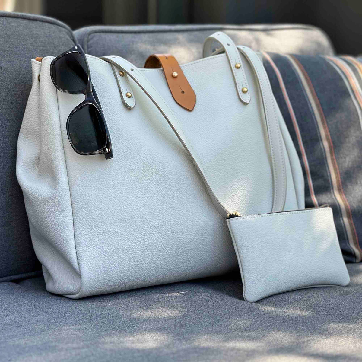 Oberon Design Zipper Pouch and Sonoma Tote with Pacific Leather in Fog