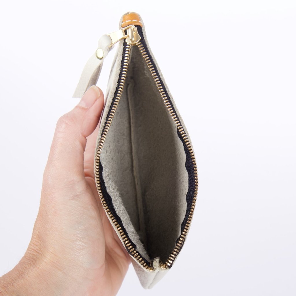 Oberon Design Zipper Pouch with Pacific Leather in Fog interior