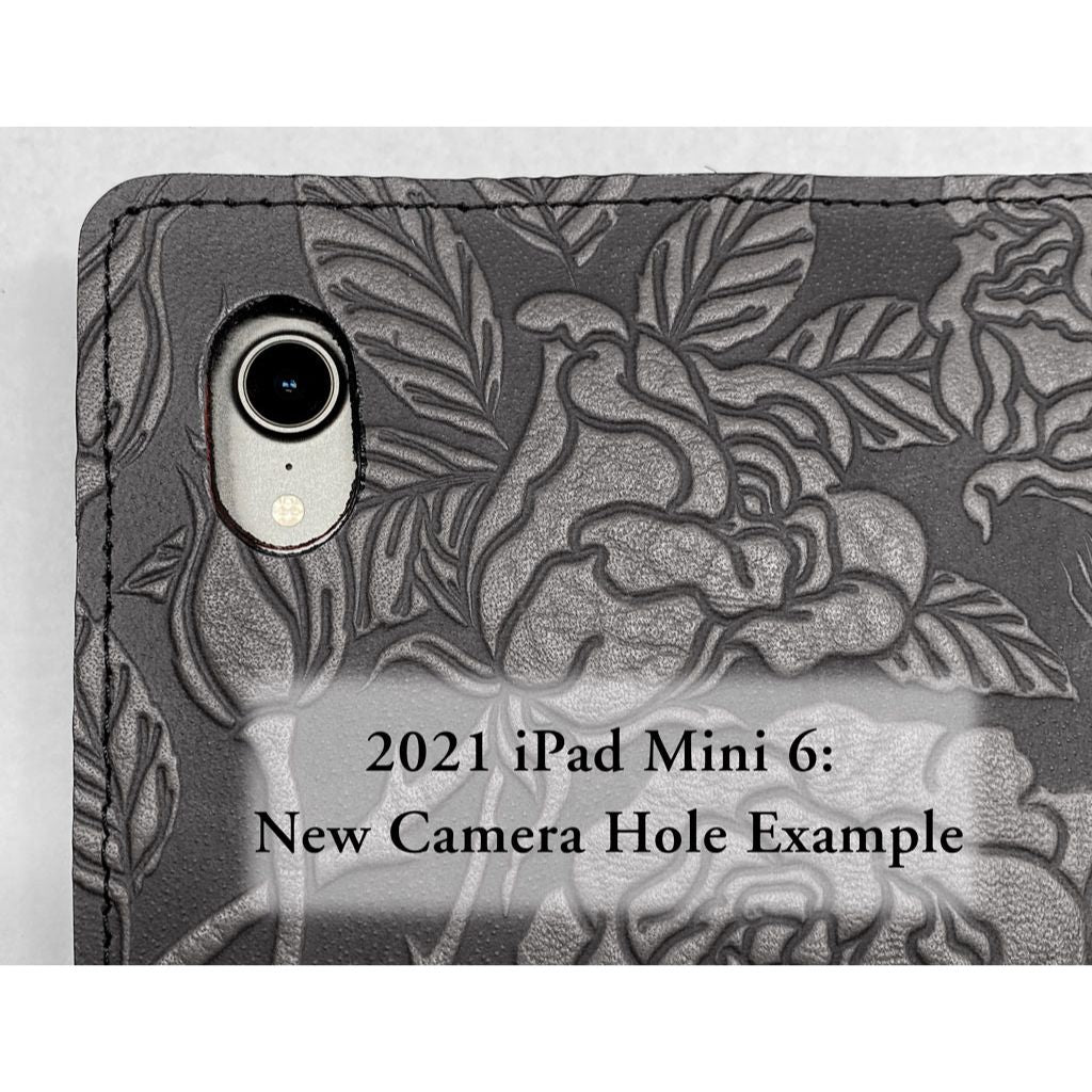 Oberon Design Leather iPad Mini Cover, Case, iPad Mini 6 Camera Opening Example