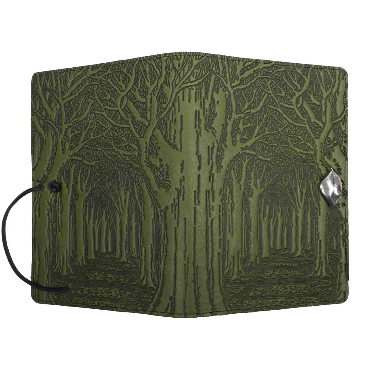 Oberon Design Leather Refillable Journal Cover, Avenue of Trees, Fern-open
