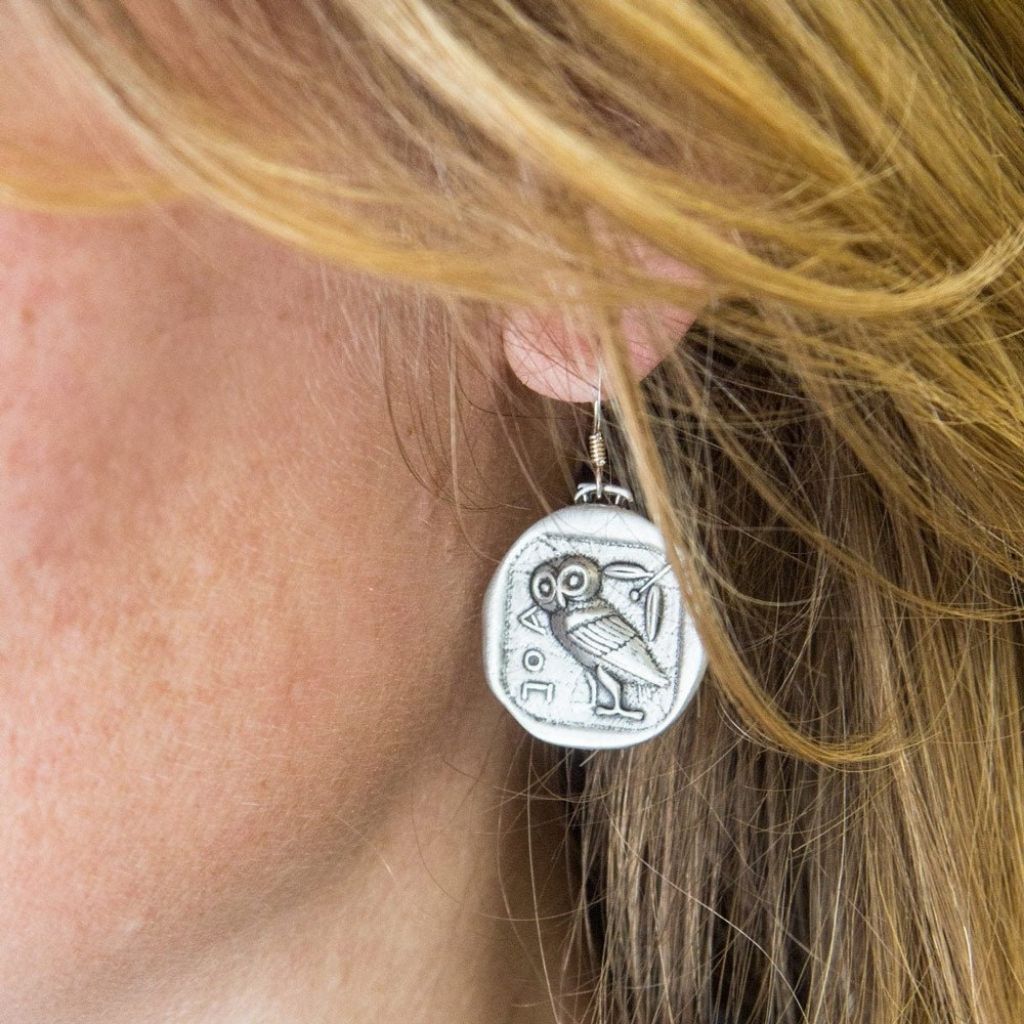 Oberon Design Britannia Metal Jewelry, Earrings, Athena's Owl