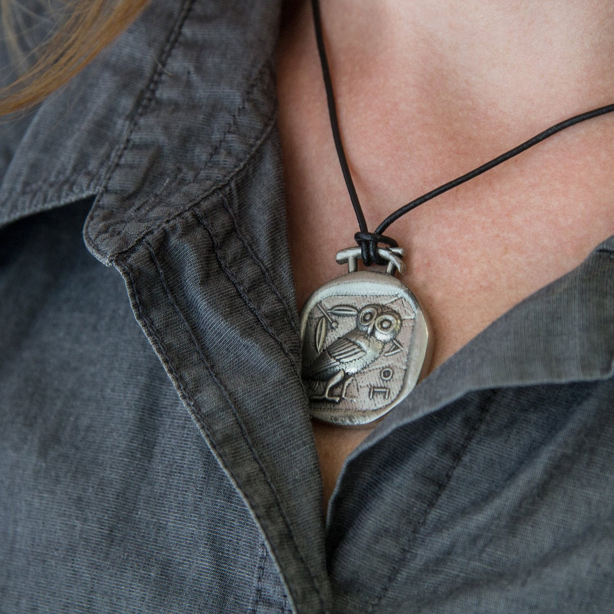 Oberon Design Britannia Metal Jewelry, Necklace, Athena&#39;s Owl, Model