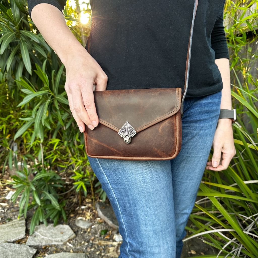 Oberon Design Leather Women's Cell Phone Handbag, Becca, Hard Times