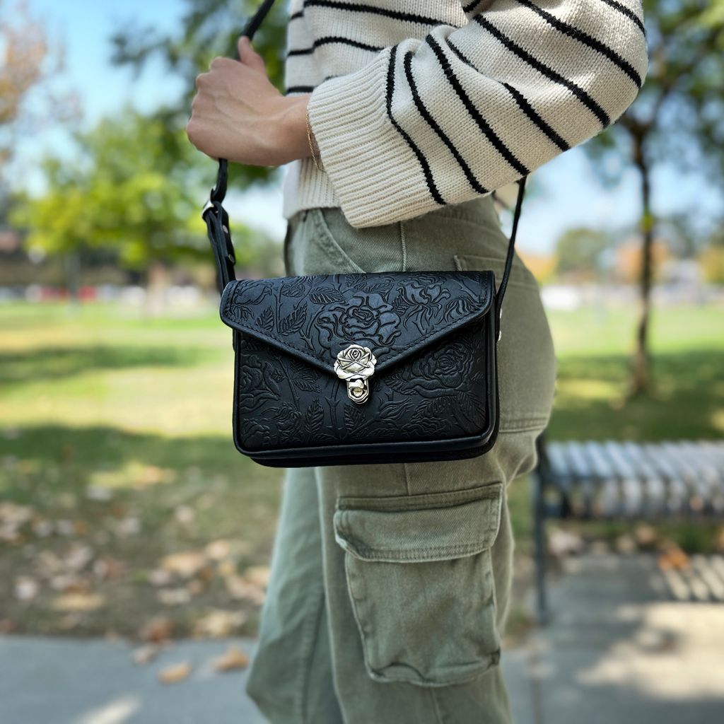 Oberon Design Leather Women's Cell Phone Handbag, Becca, Wild Rose, Black