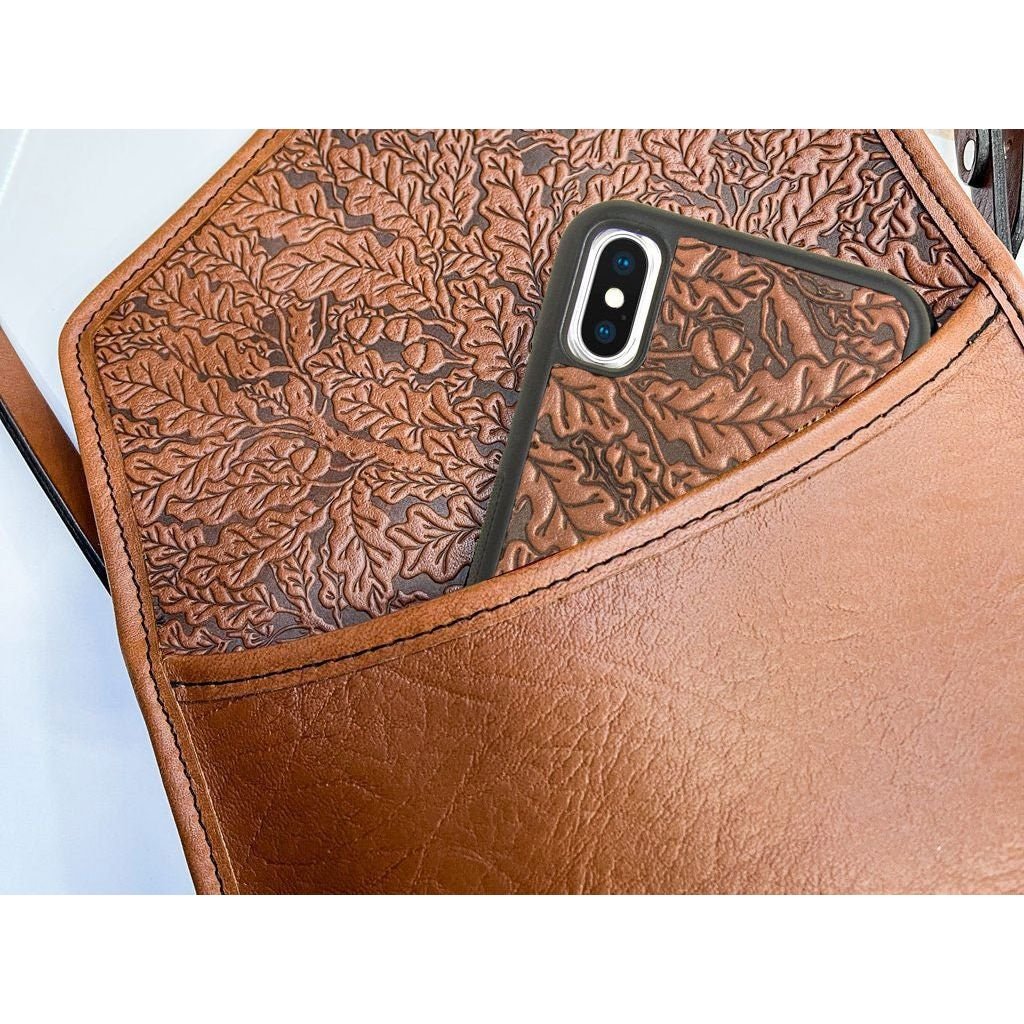 Oberon Design Leather Women&#39;s Cell Phone Handbag, Becca, Oak Leaves, Saddle, Back
