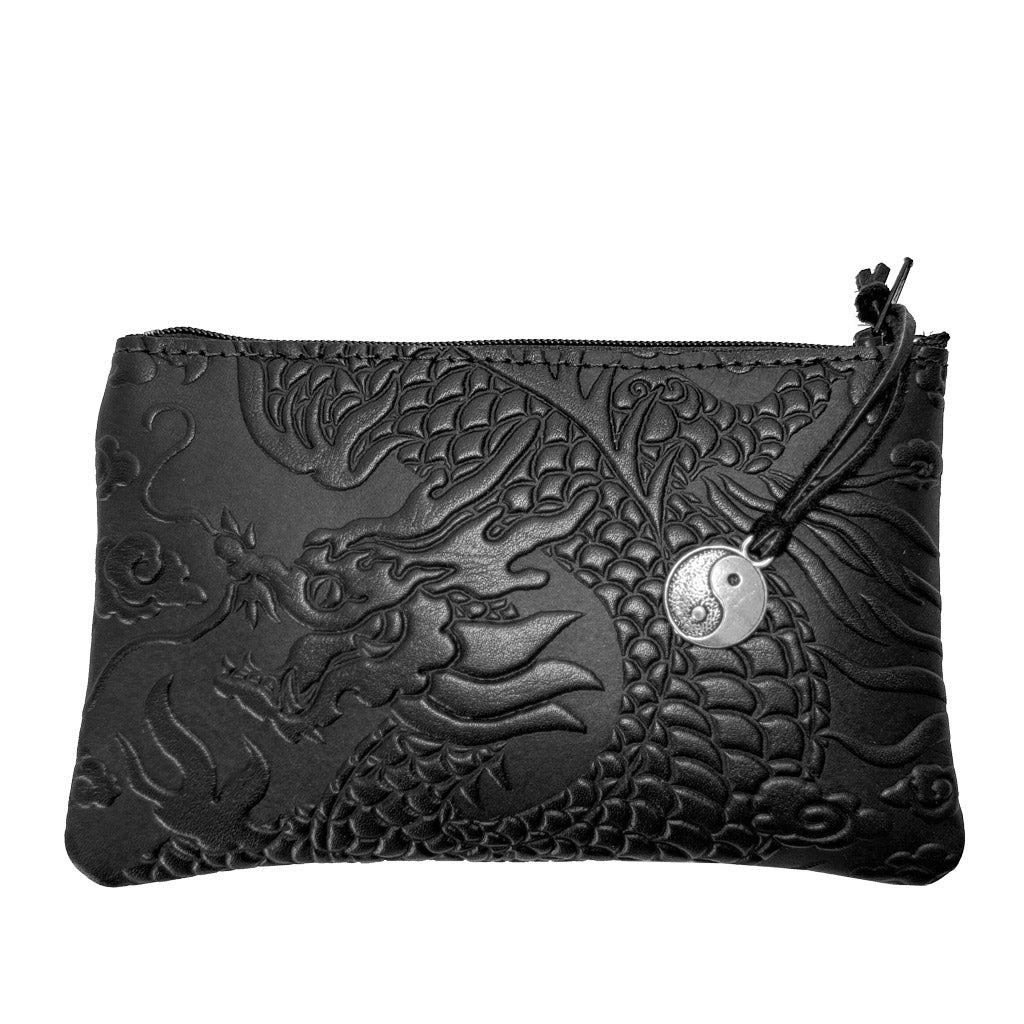 Leather 6 inch Zipper Pouch, Wallet, Coin Purse, Cloud Dragon, Red