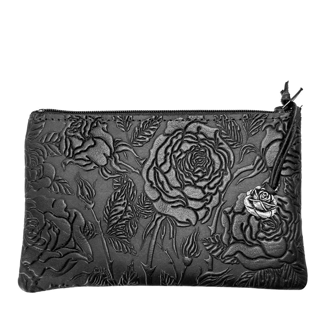 Leather 6 inch Zipper Pouch, Wallet, Coin Purse, Wild Rose, Red