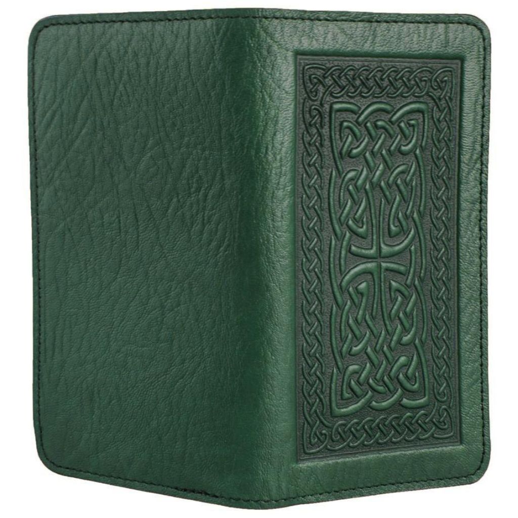 Leather Checkbook Cover, Celtic Braid in Green - Open