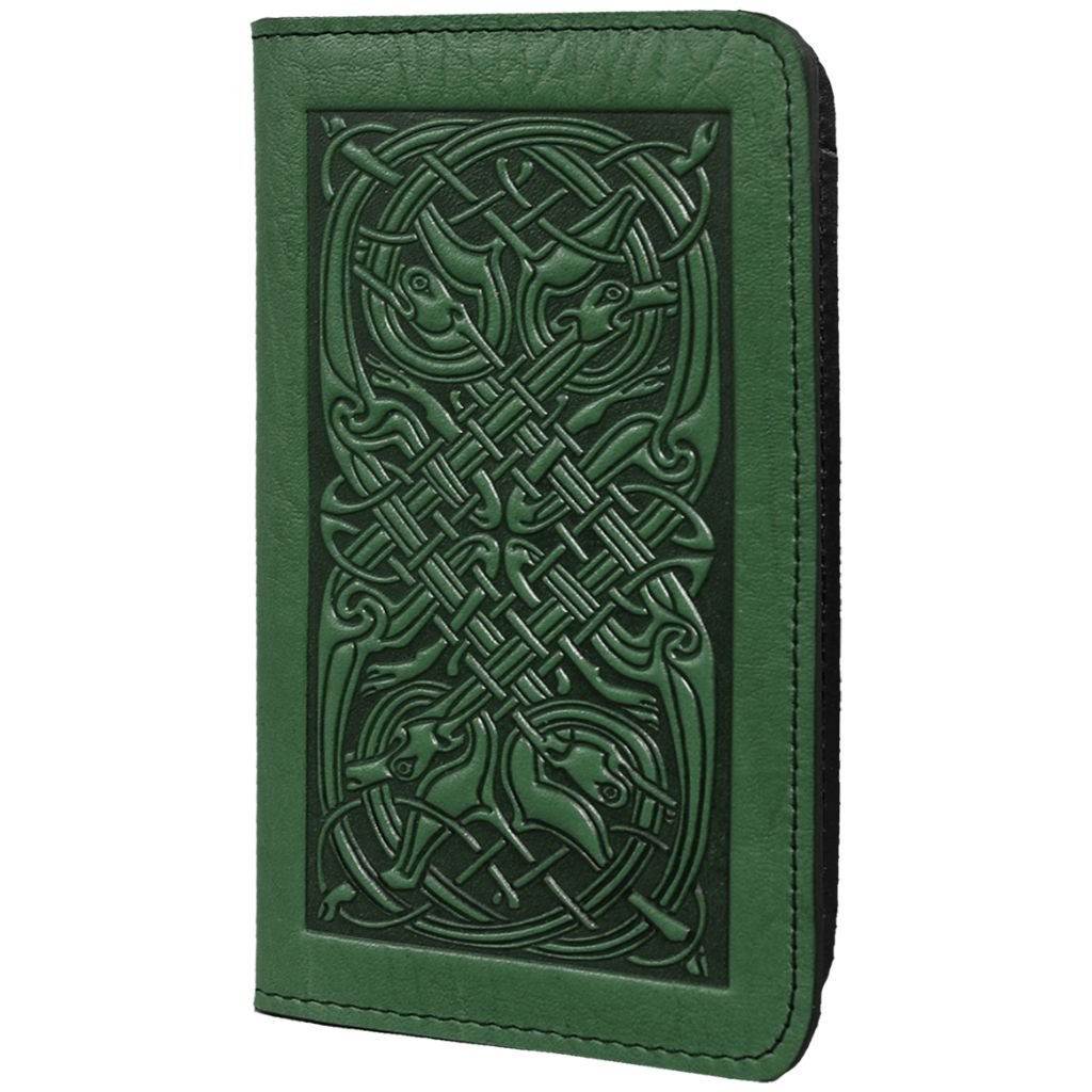 Leather Checkbook Cover, Celtic Hounds in Green