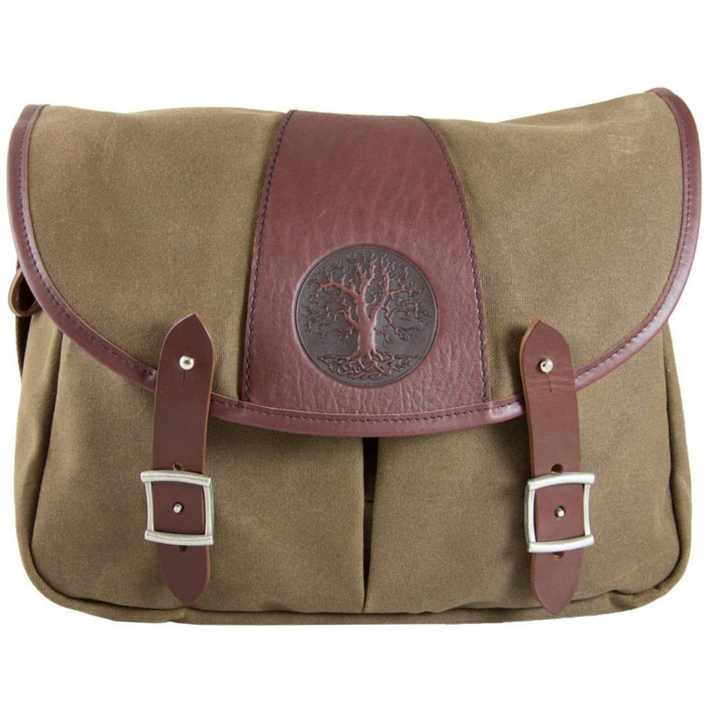 Oberon Design Crosstown Messenger Bag, Waxed Canvas &amp; Leather, Tree of Life, Tan &amp; Wine
