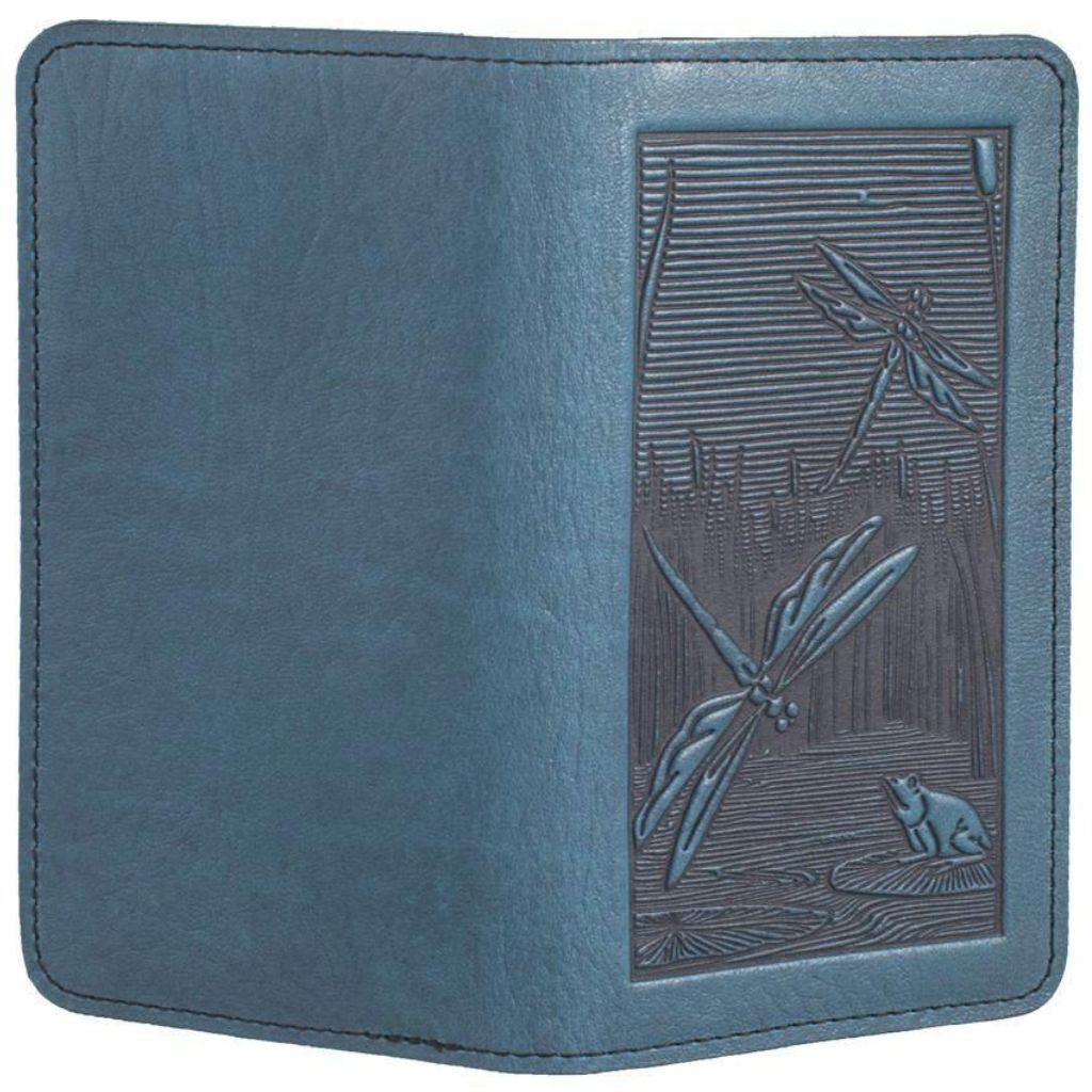 Leather Checkbook Cover, Dragonfly Pond in Blue - Open