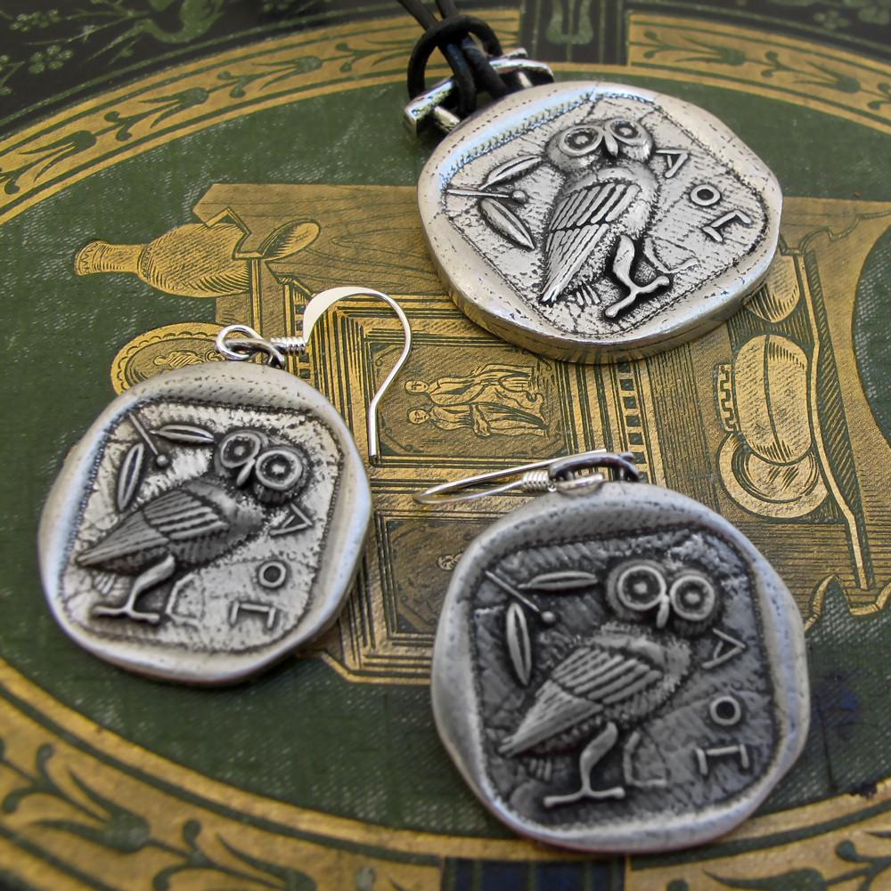 Oberon Design Britannia Metal Jewelry, Necklace and Earrings, Athena&#39;s Owl