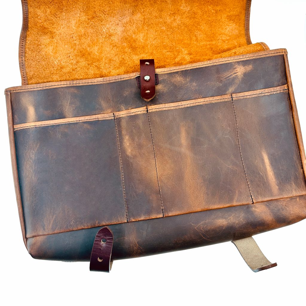 Slimline messenger bag, hard times leather, open view, organization pockets