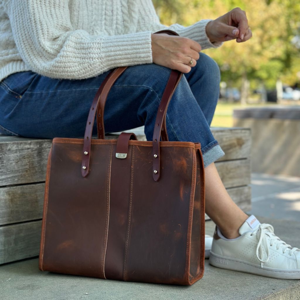 Sonoma Tote, Hard Times, Model on wood bench