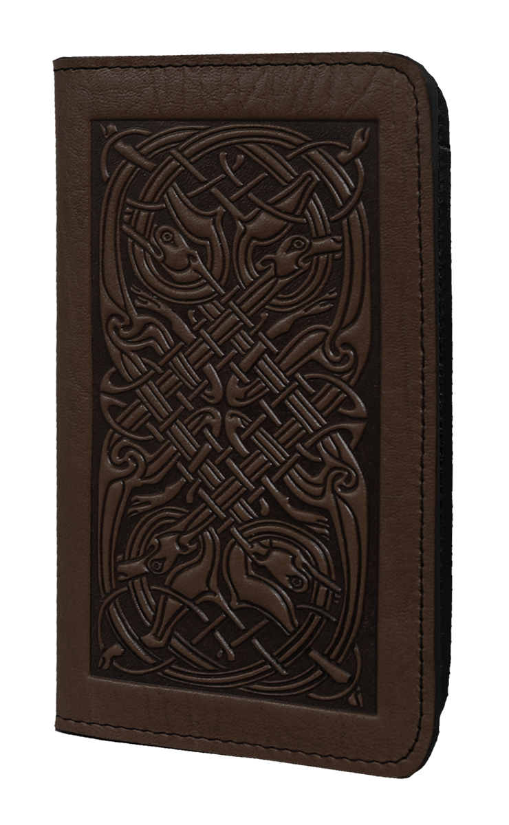 Oberon Design Small Leather Smartphone Wallet, Celtic Hounds in Wine
