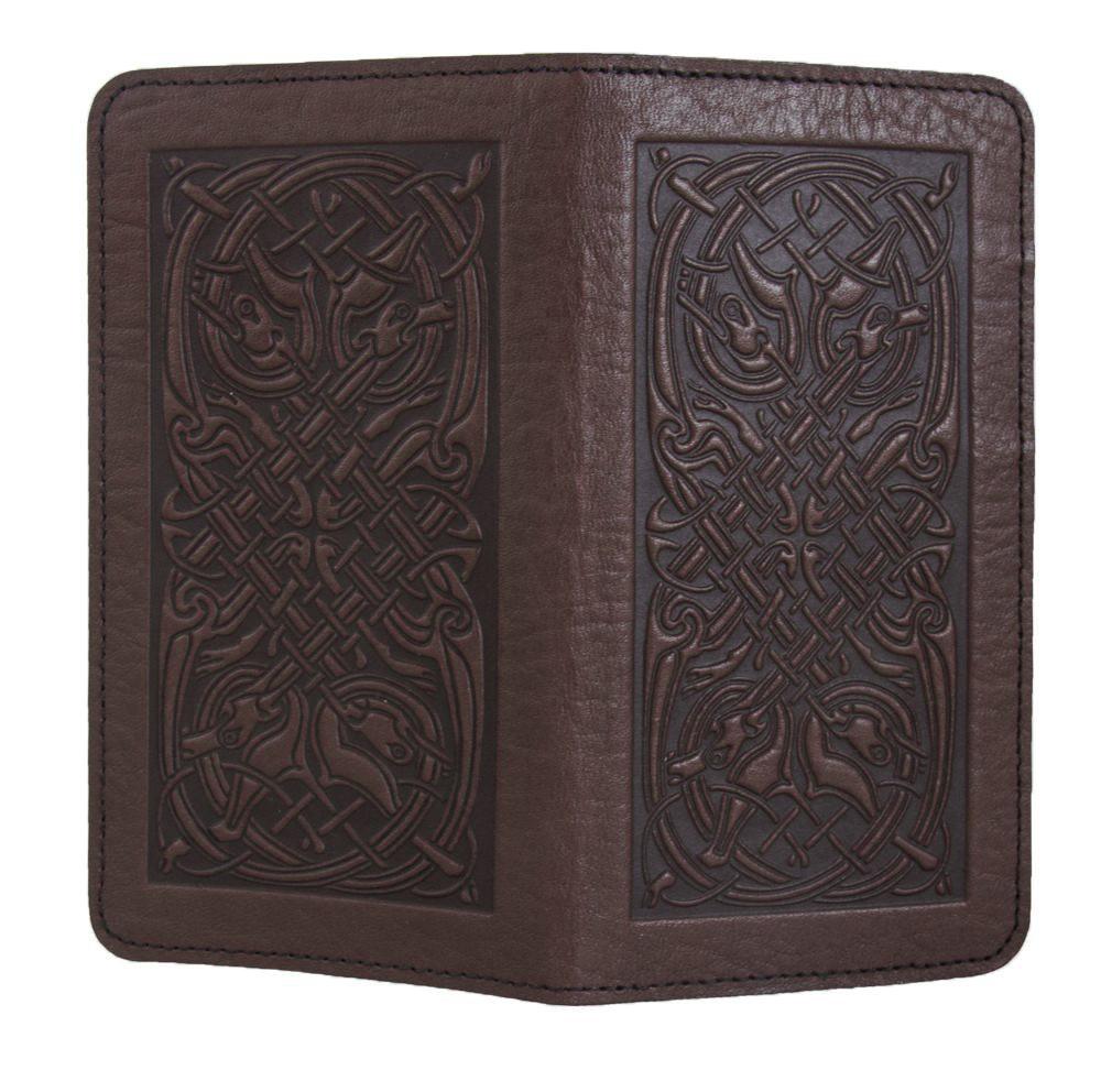 Oberon Design Small Leather Smartphone Wallet, Celtic Hounds in Chocolate