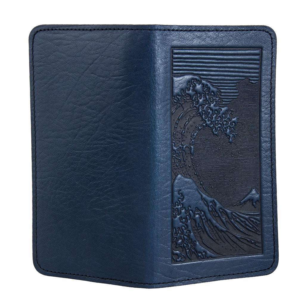 Oberon Design Small Oberon Design Small Leather Smartphone Wallet Case, Hokusai Wave in Navy