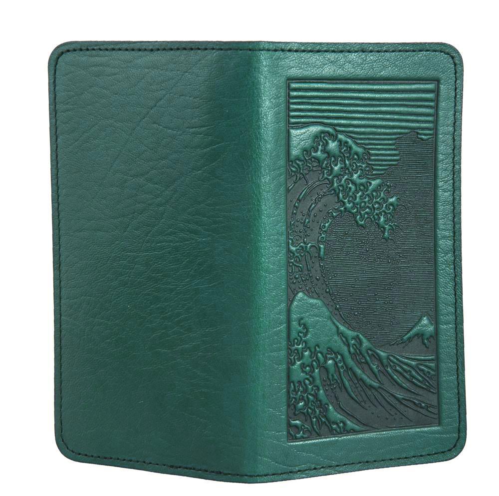 Oberon Design Small Oberon Design Small Leather Smartphone Wallet Case, Hokusai Wave in TEal