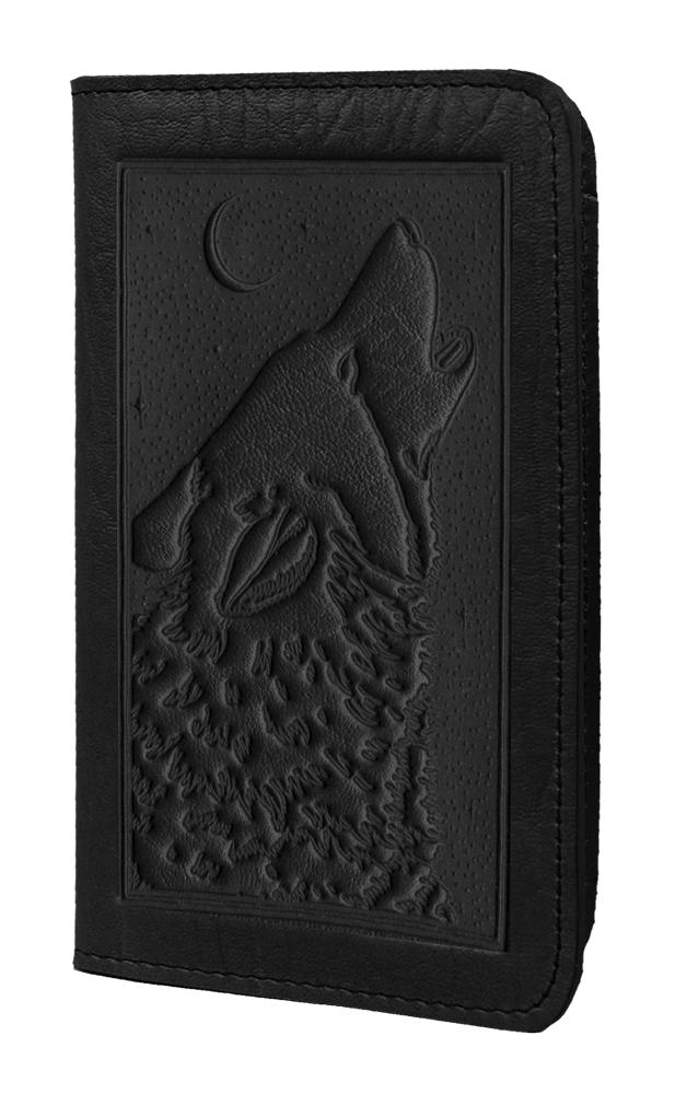 Oberon Design Small Oberon Design Small Leather Smartphone Wallet Case, Singing Wolf in Black