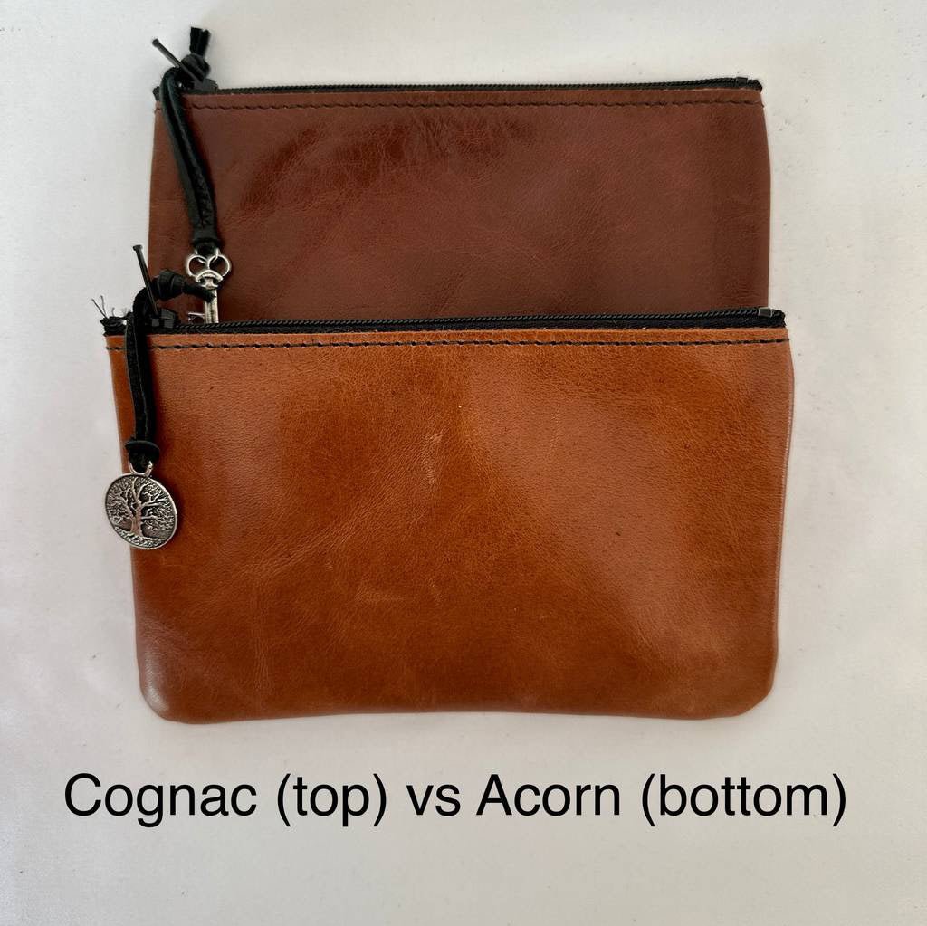 Leather 6 inch Zipper Pouch, Wallet, Coin Purse in Acorn Color