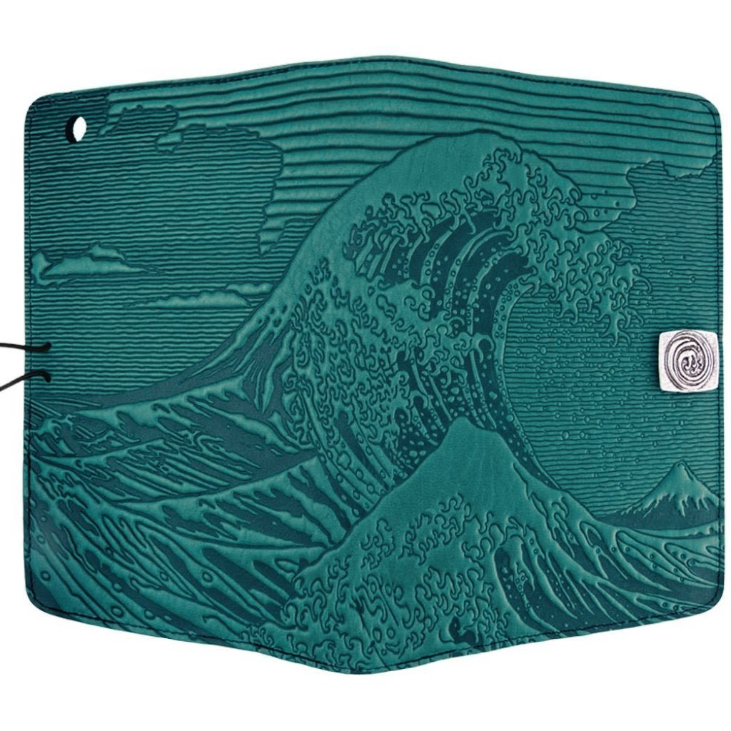 Oberon Design Leather iPad Mini Cover, Case, Hokusai Wave, Teal - Open