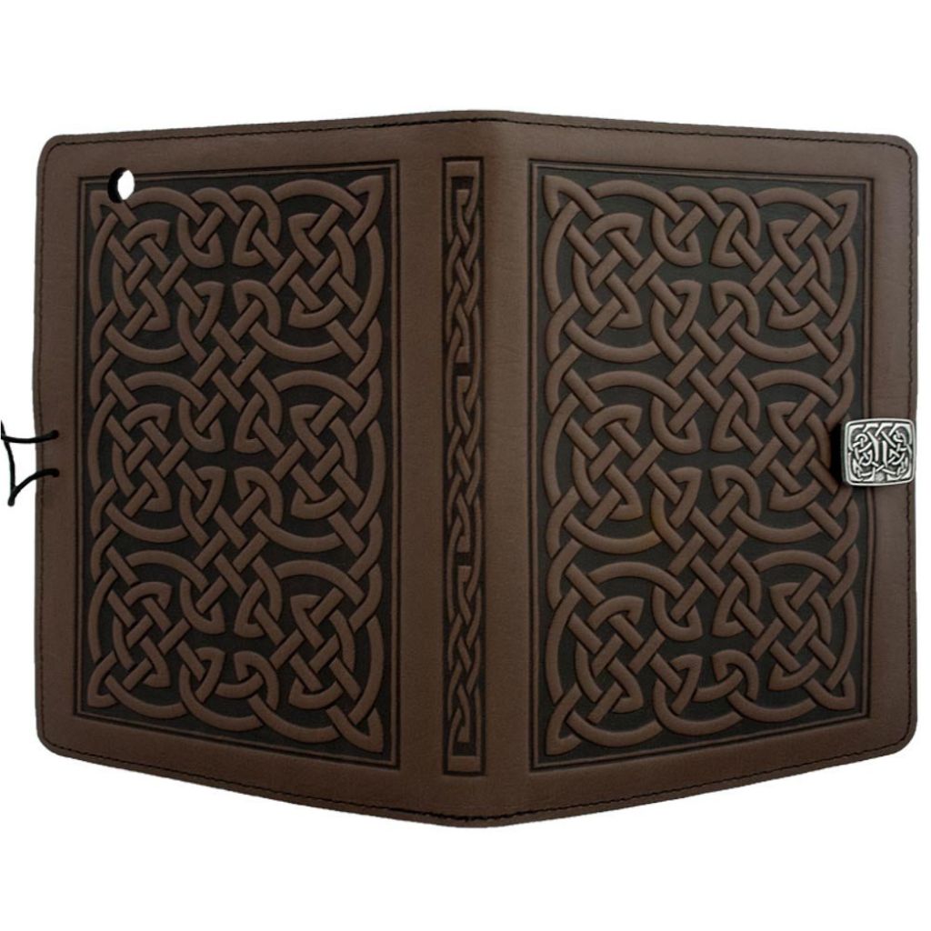 Oberon Design Leather iPad Mini Cover, Case, Bold Celtic, Chocolate - Open