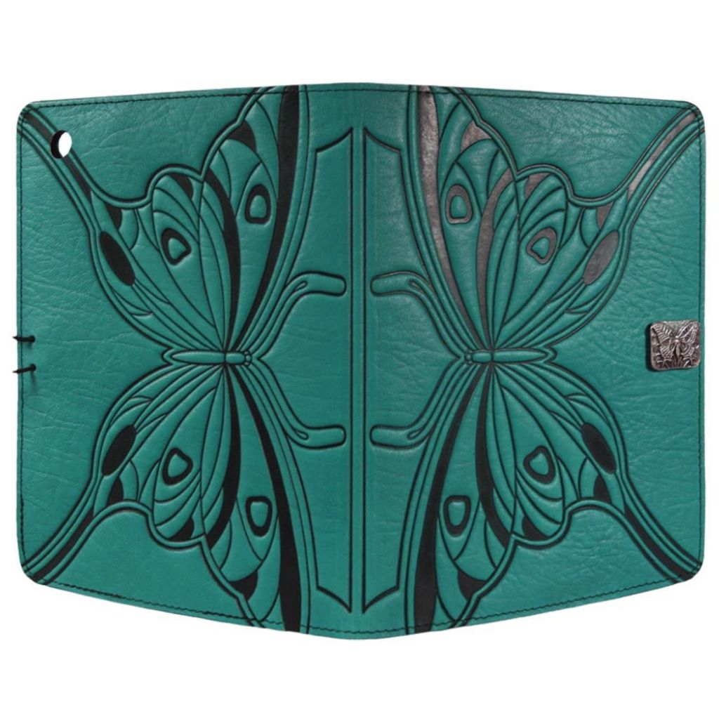 Oberon Design Leather iPad Mini Cover, Case, Butterfly, Teal - Open