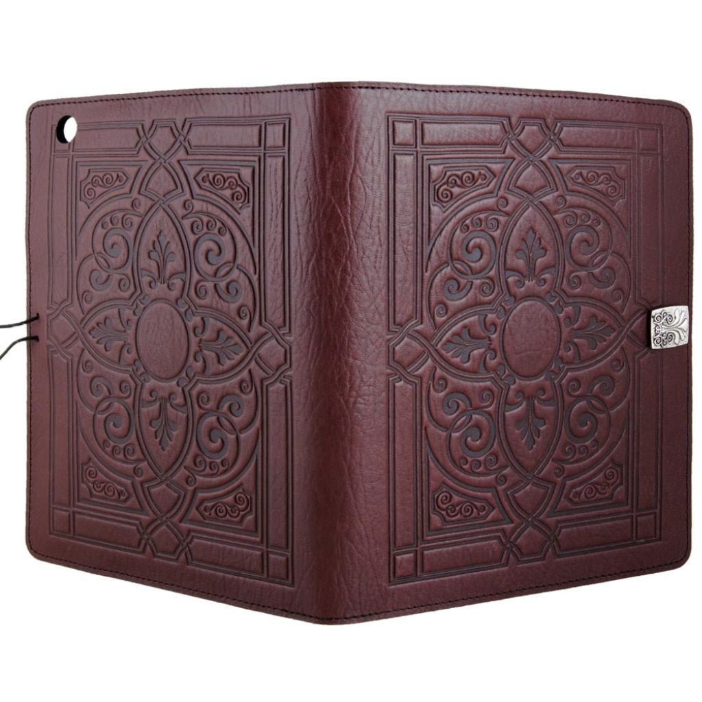 Oberon Design Leather iPad Mini Cover, Case, Florentine, Wine - Open