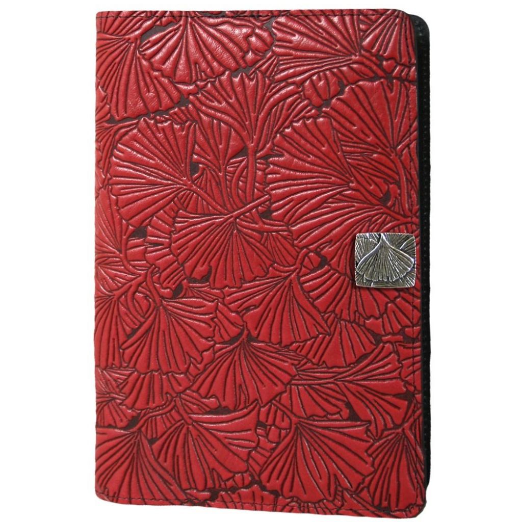 Oberon Design Leather iPad Mini Cover, Case, Ginkgo Leaves, Red