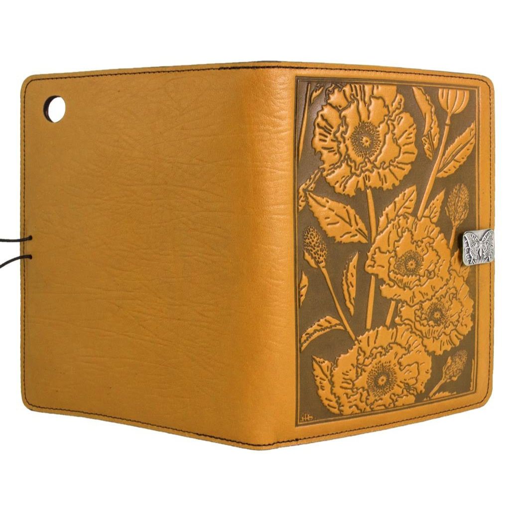 Oberon Design Leather iPad Mini Cover, Case, Oriental Poppy, Marigold, Open