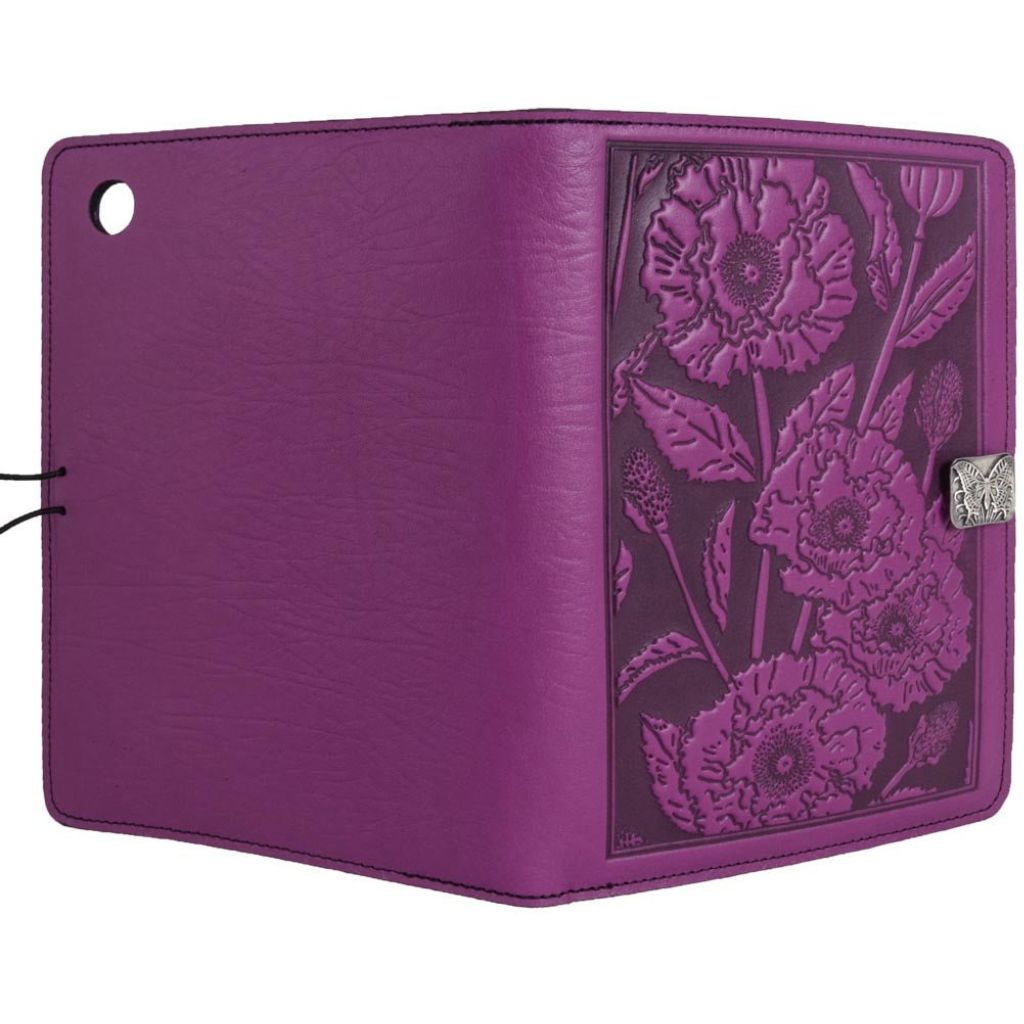 Oberon Design Leather iPad Mini Cover, Case, Oriental Poppy, Orchid - Open