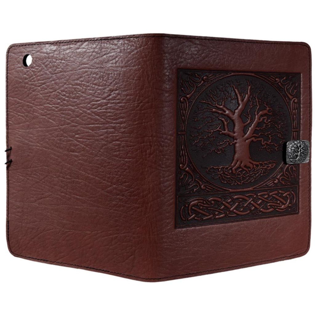 Oberon Design Leather iPad Mini Cover, Case, World Tree, Wine - Open