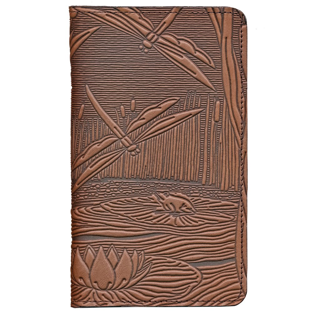 Oberon Design Large Leather Smartphone Wallet, Dragonfly Pond, Saddle