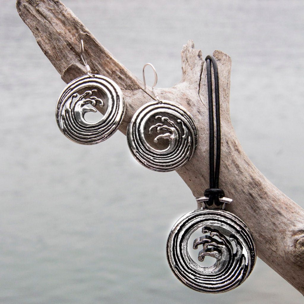 Oberon Design, Britannia Metal, Wave Earrings With Necklace Driftwood